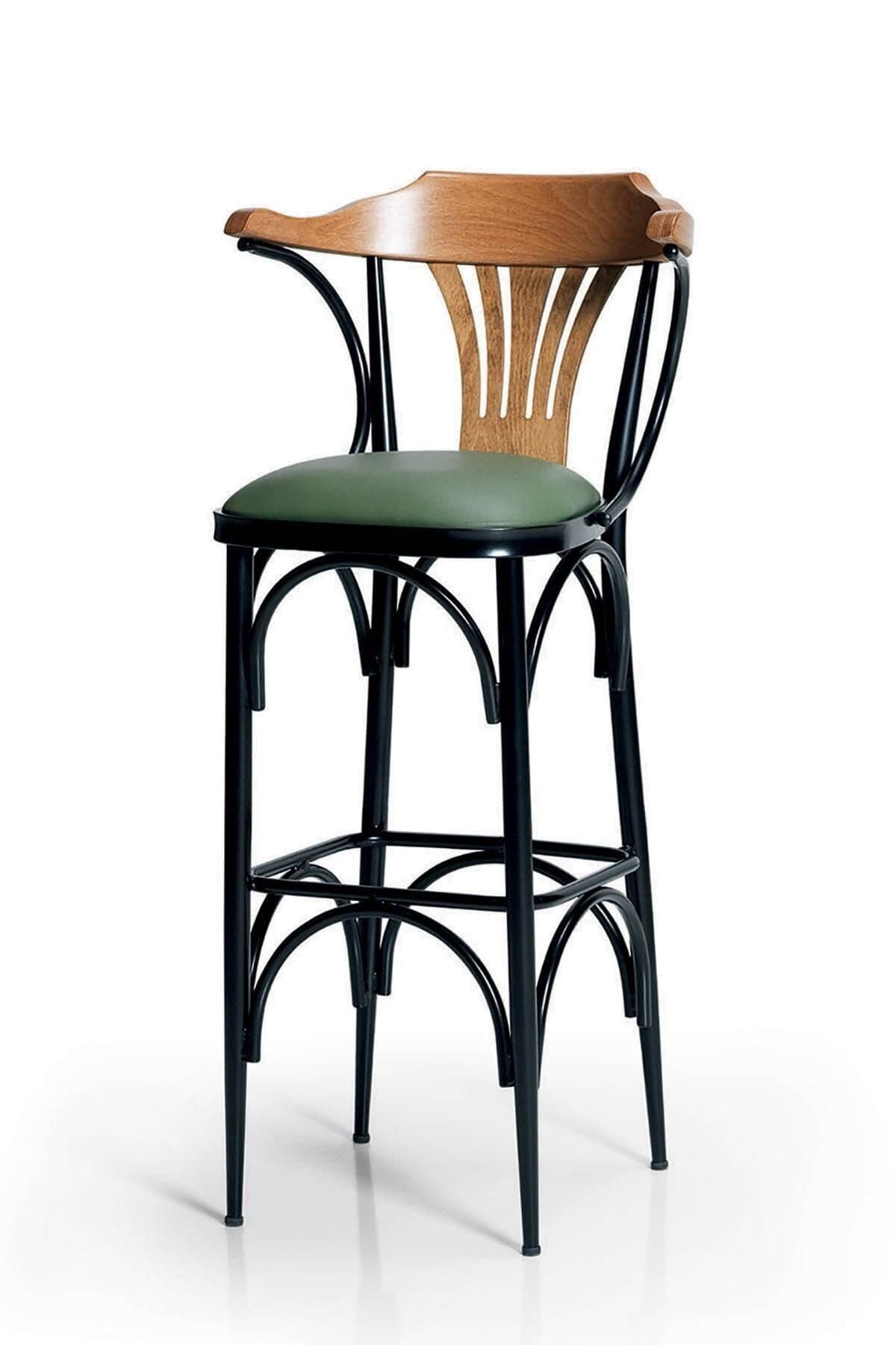 Bar Sandalyesi Yeşil-kahve-t169/75 - Oturma Yüksekliği 75cm - Metal Iskelet - Ahşap Sırt Ve Kolçak