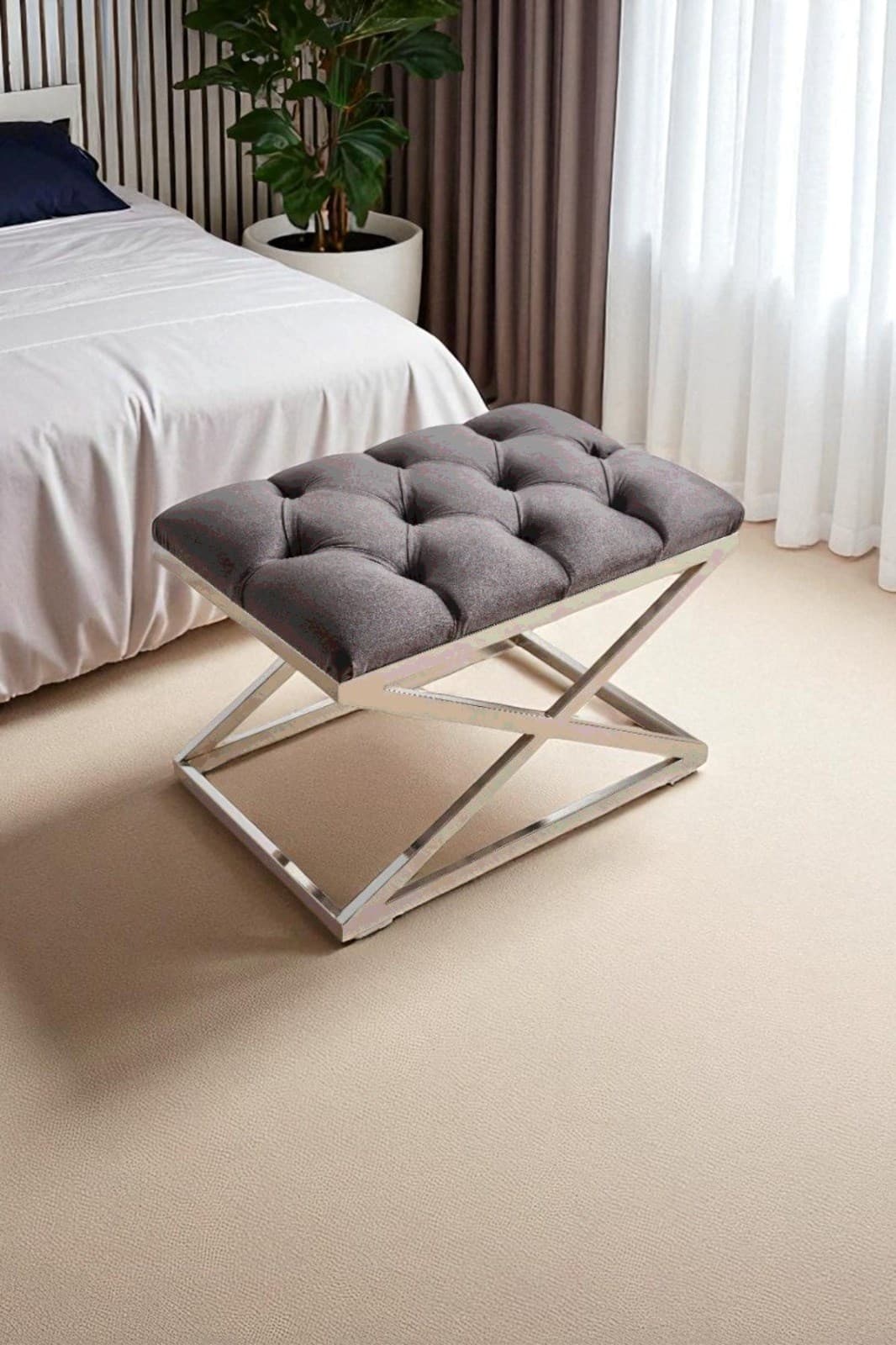 Delano X Bench Puf – 40 x 60 cm Krom Metal Ayaklı, Babyface Kumaş, 44 cm Yükseklik