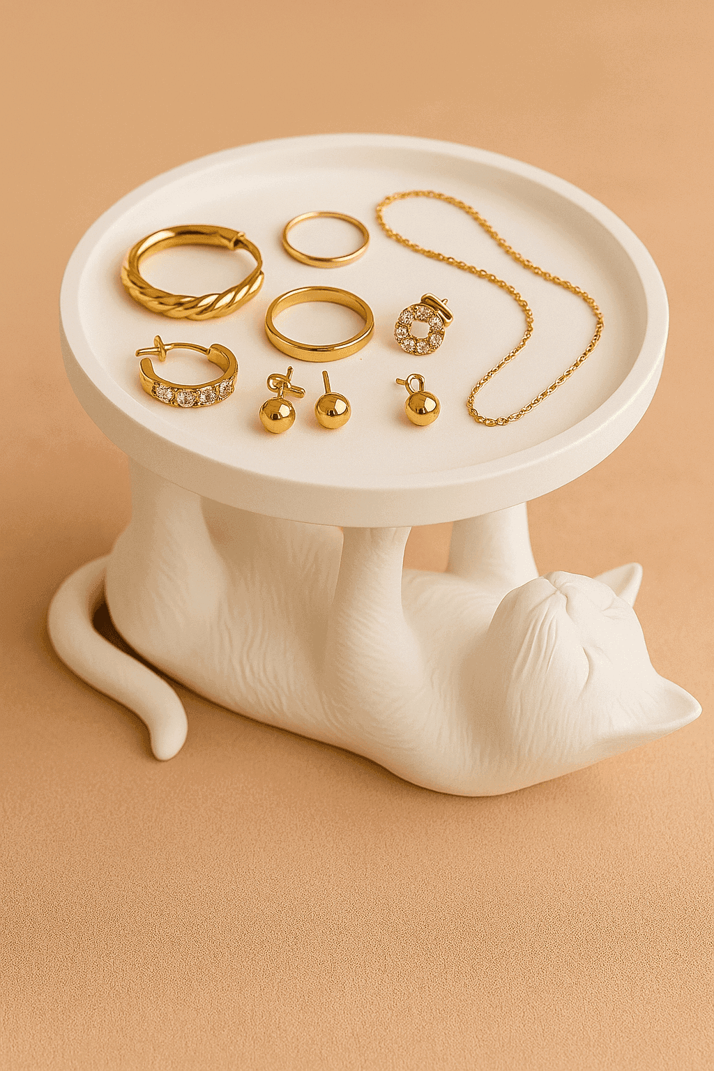 Dekoratif Beyaz Kedi Figürlü Takı, Sunumluk, Tatlı Tabağı, Masaüstü Organizer, Mumluk 14 x 14 cm