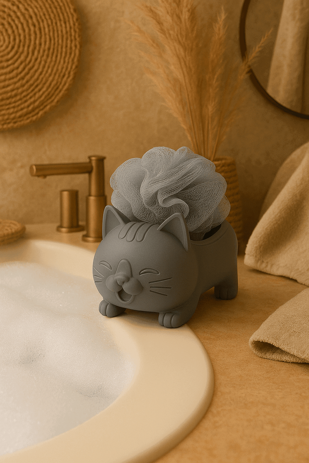 Dekoratif Kedi Figürlü Sabunluk & Süngerlik Şık ve Sevimli Banyo, Mutfak Aksesuarı Çok Amaçlı