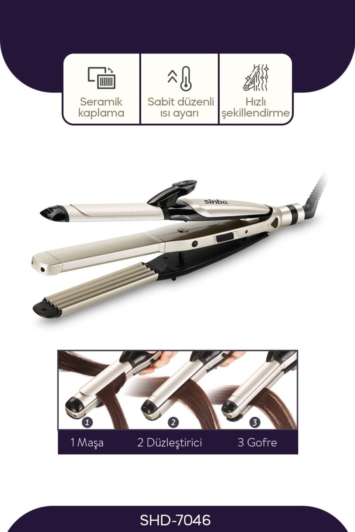 Saç Maşası 3in1 Fonksiyonel Saç Maşası 25 mm Kalın Bukle SHD-7046
