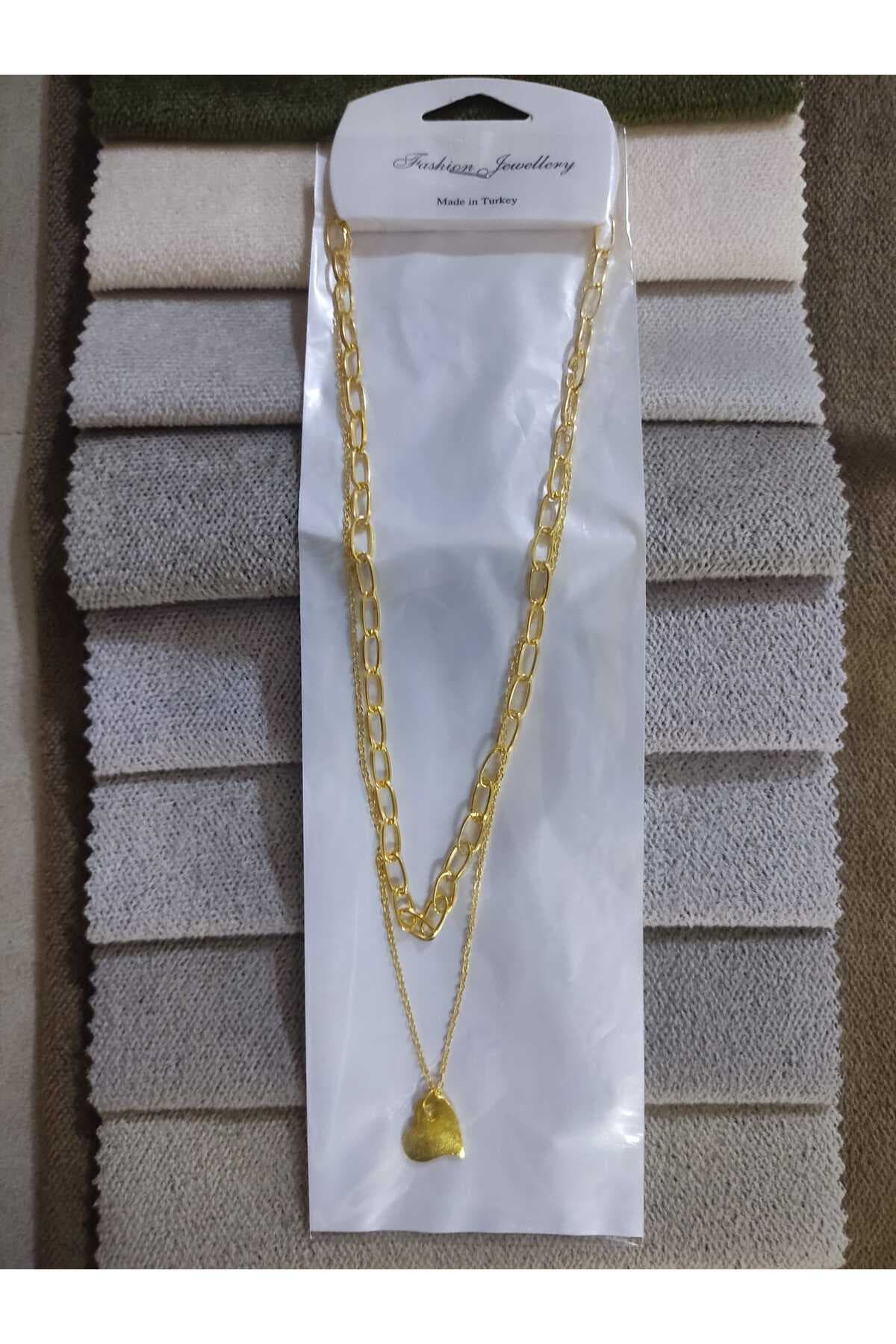 Altın Renk Çift Katlı Kalp Uçlu Kadın Kolye