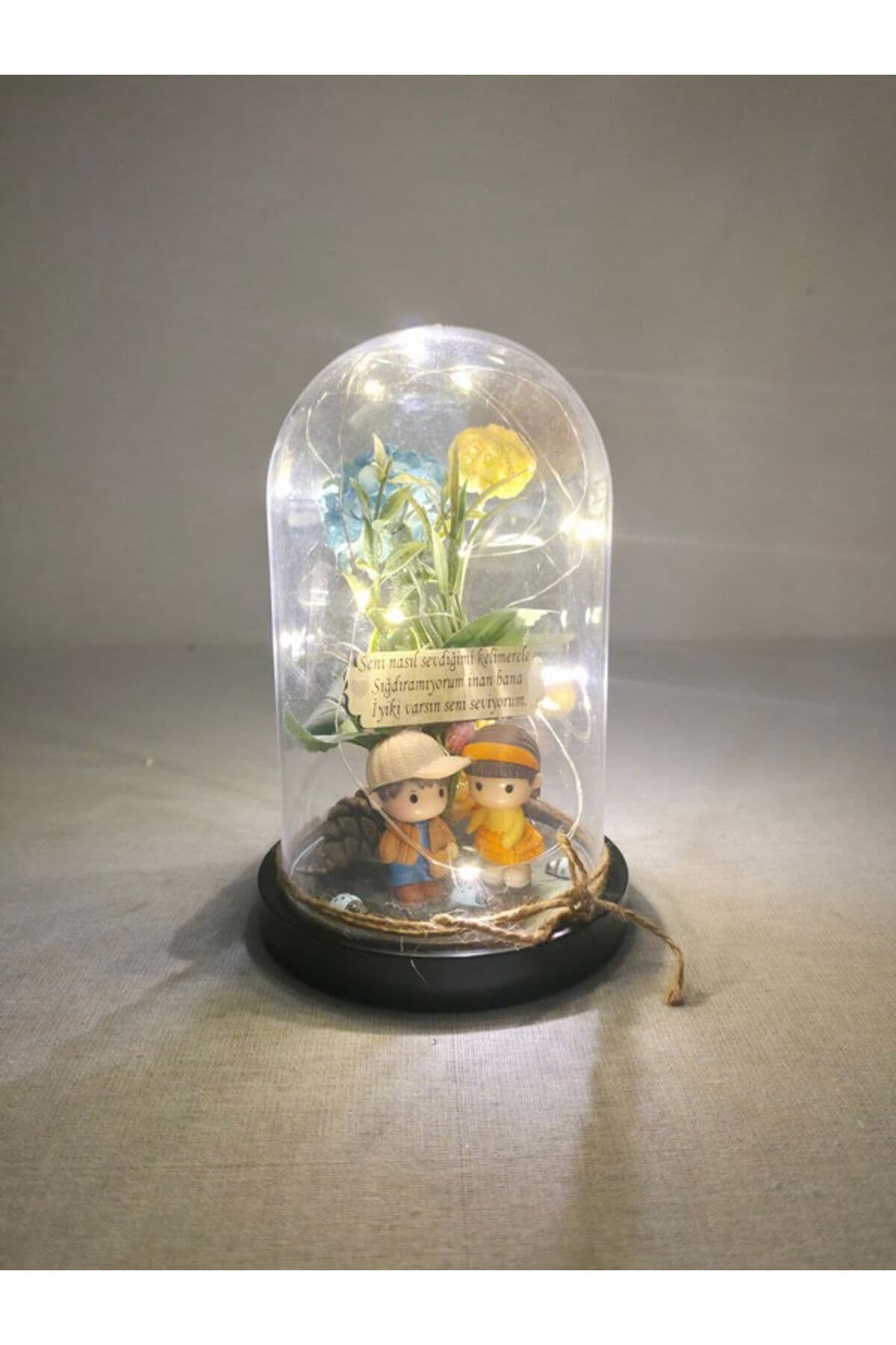 sevdiğinize en güzel hediye cam ışıklı fanusta mavi gül