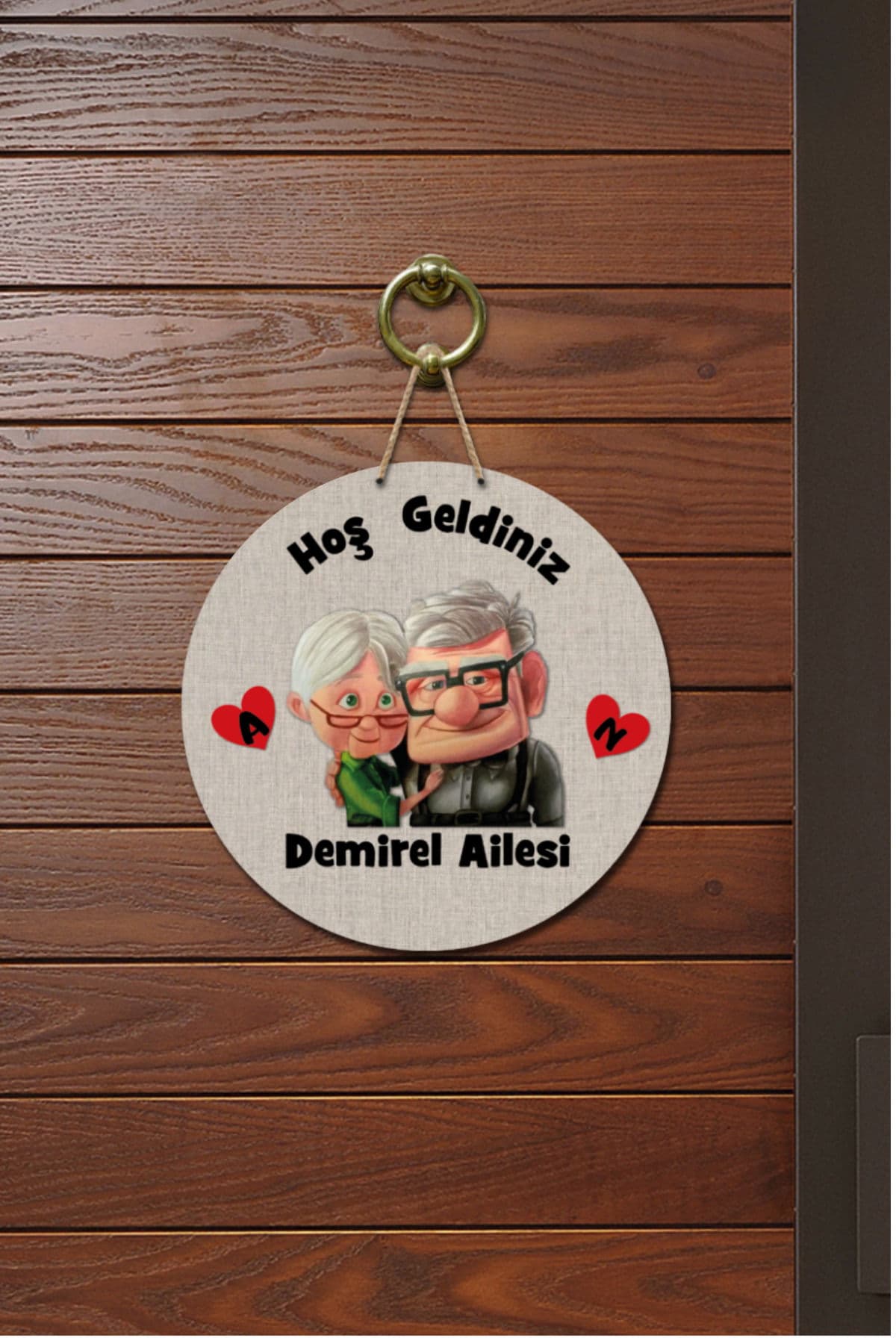 Kapı Süsü Sevimli Yaşlı Çift Hoş Geldiniz Ahşap Baskı Kişiye Özel Tasarım