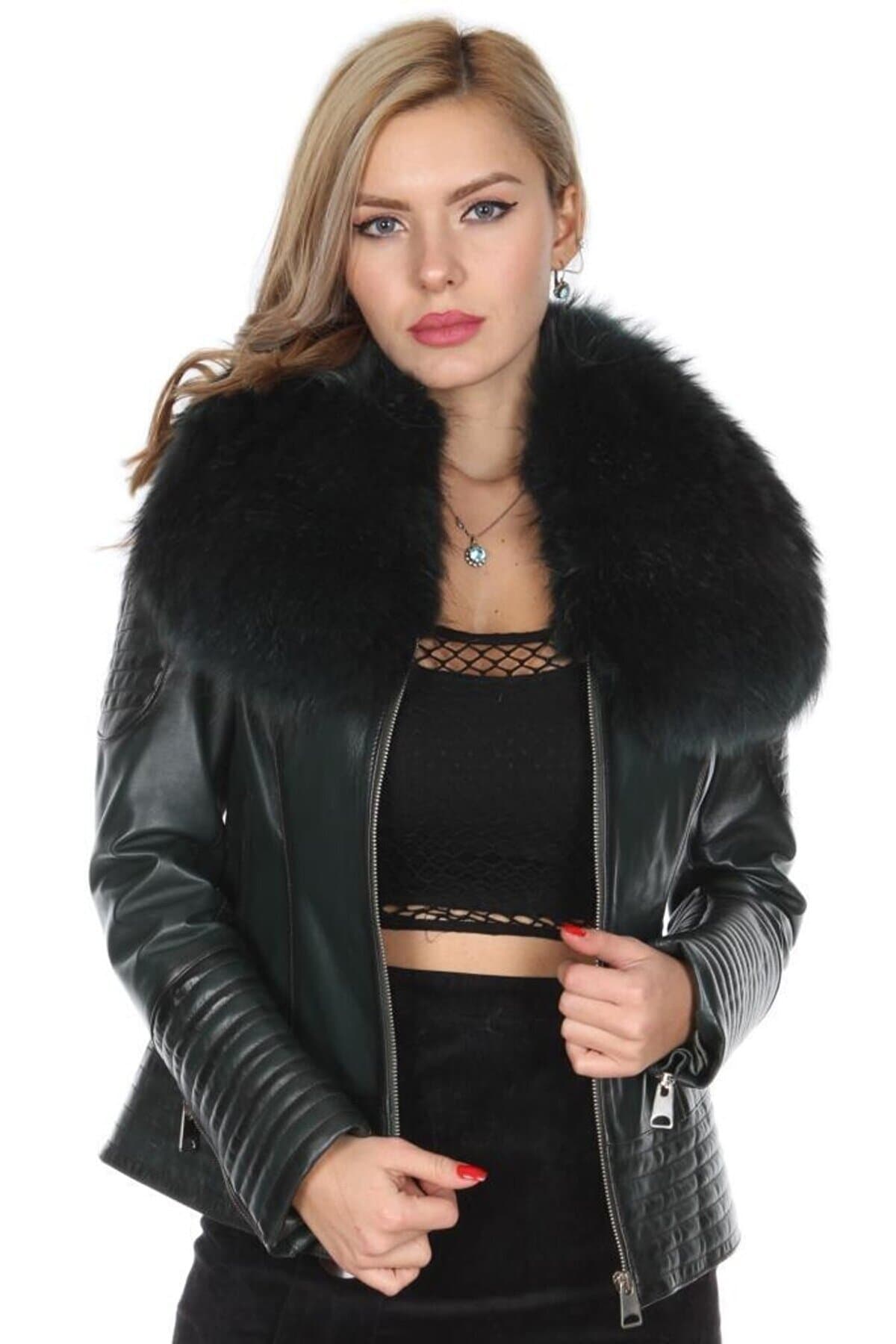 Hakiki Deri Siyah Kürk Yakalı Fermuarlı Kadın Deri Mont