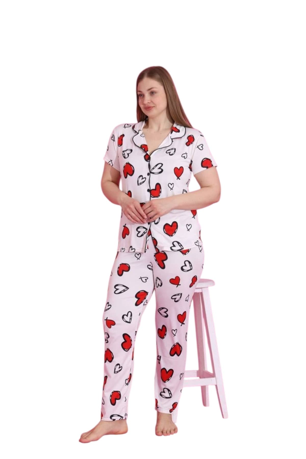 Büyük Beden Boydan Düğmeli Kadın Pijama Takımı